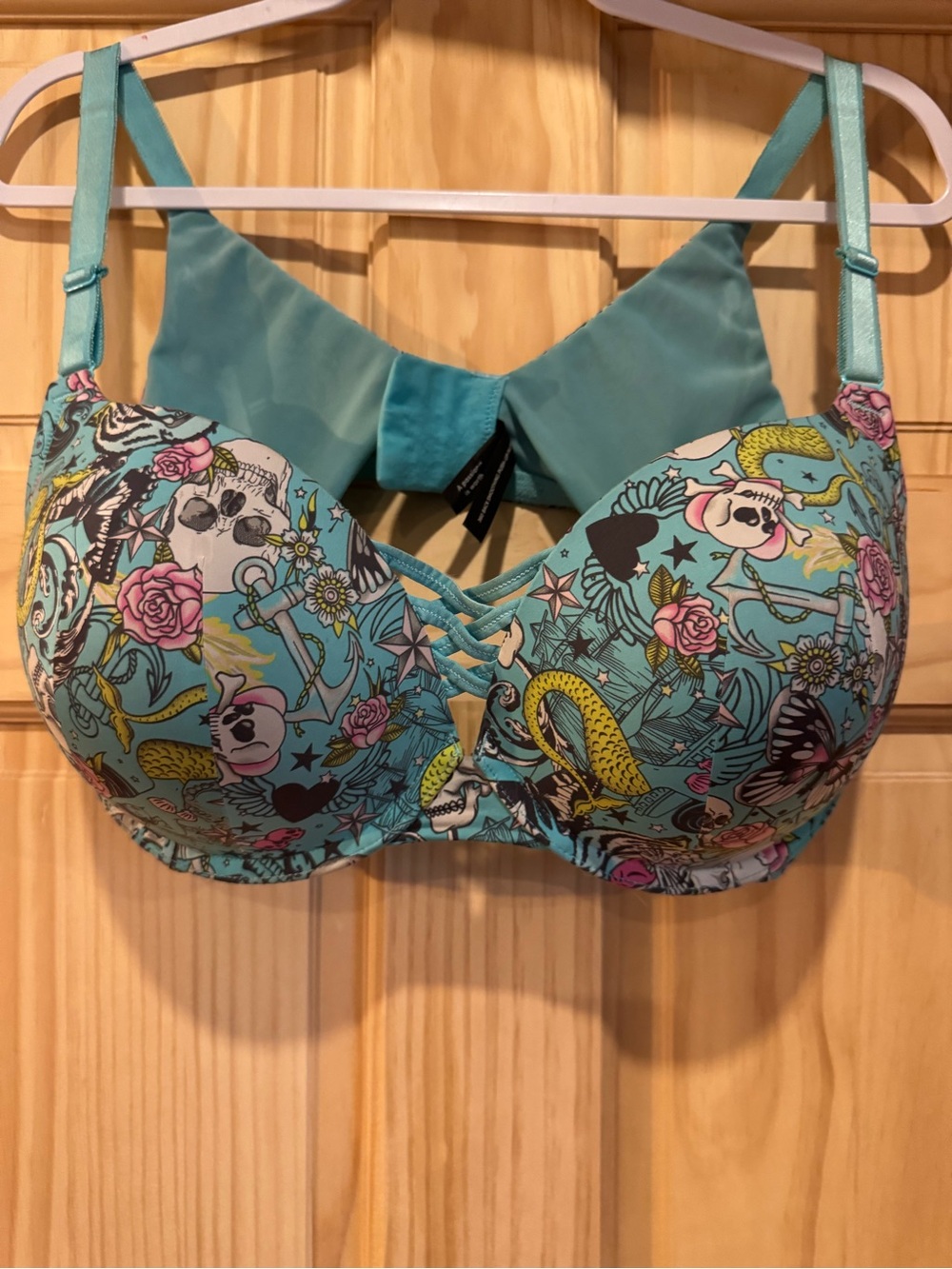 Turquoise Floral & Tattoo-Print Underwire Bra with Adjustable Straps